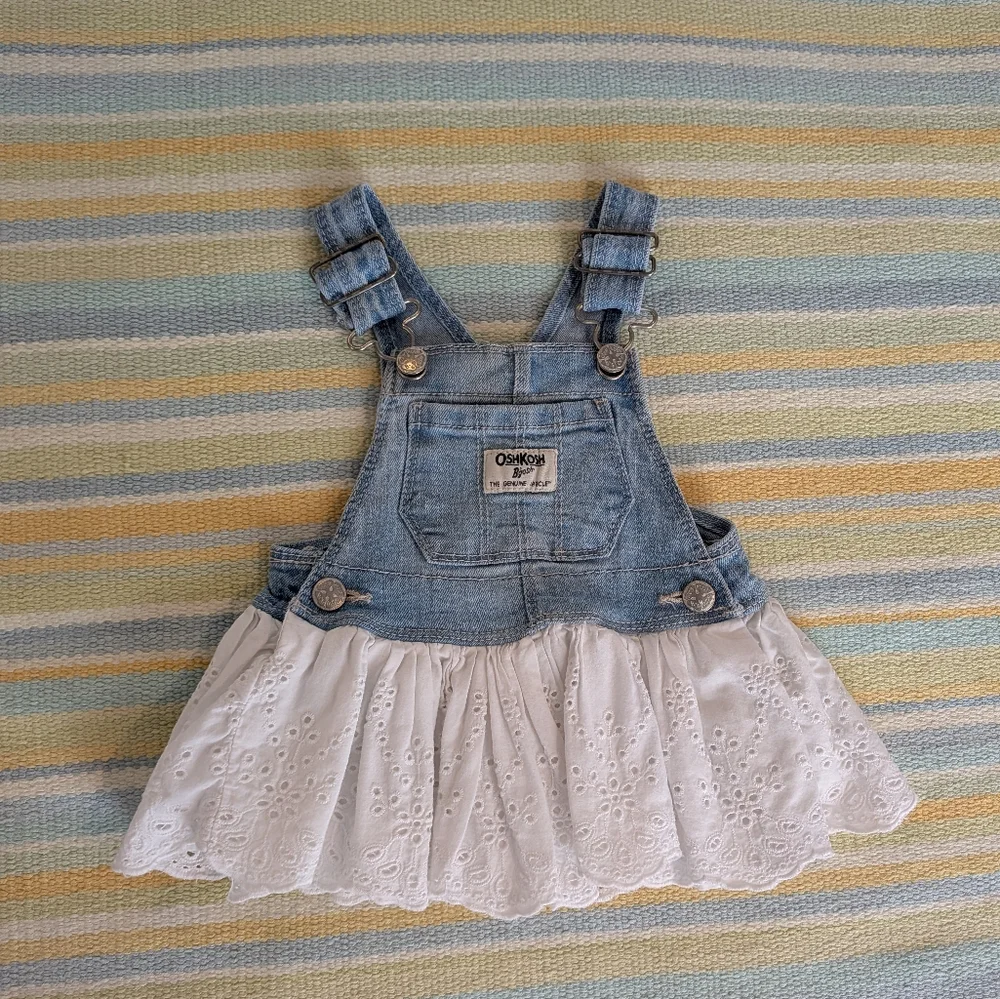 ⭐ Oshkosh Bgosh Denim & Eyelet Overall Dress Size 6 Months